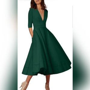 Vintage Deep V Neck Cocktail Maxi Dress 3/4 Sleeve